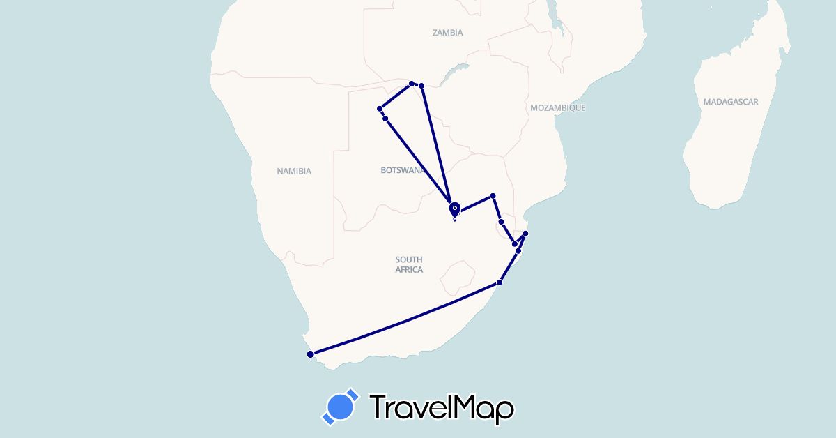 TravelMap itinerary: driving in Botswana, Swaziland, South Africa, Zimbabwe (Africa)
